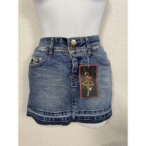 J-Star Jeans 3/4 Denim Mini Skirt Raw Hem Distressed Camo Patches MSRP $88.00